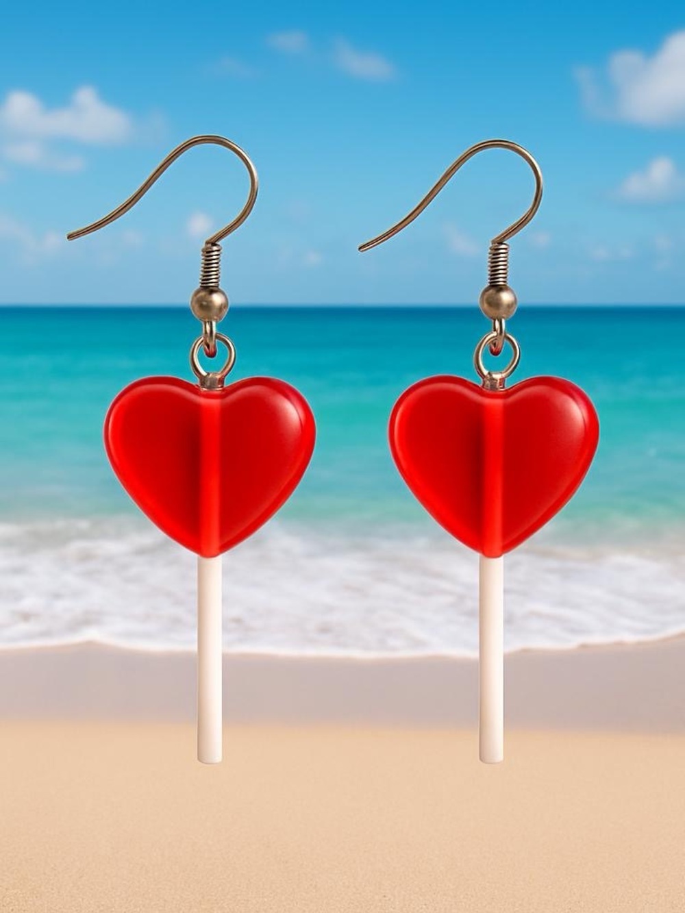 Heart Drop Sucker Candy Earrings - Red and White